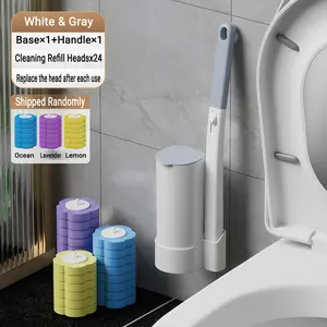 Disposable Toilet Brush Set with 24 Cleaning Heads - deep Cleaning u-Bend and Rim, eliminates Stains, Easy-swap Heads, Includes Quick-Lock Handle, Compact Toilet Bowl Brush and Holder Set toilet brush bathroom