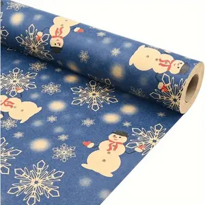 1Roll, Large-sized blue snowflake and snowman Christmas wrapping paper rolls - A festive design featuring golden snowflakes, cheerful snowmen, and party decorations, suitable for Christmas, Christmas gift wrapping paper