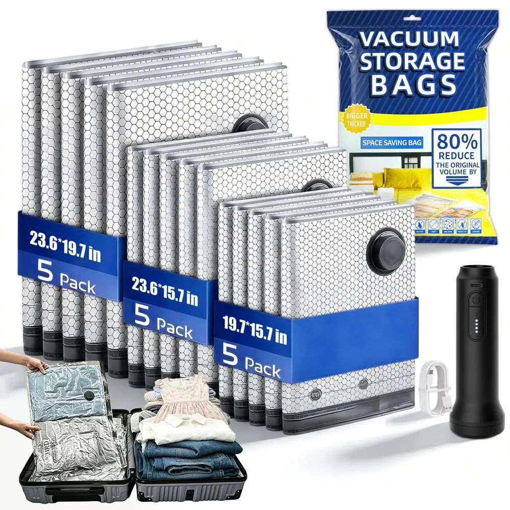 Cordless USB Powered Hand Vacuum Pump Travel Compression Bag Set, Tear Proof Waterproof Pouches 9/15/20/24 Three Sizes Airtight Seal for Trip & Home Storage