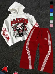 Men's Hip Hop Hoodie Set, 2-Piece Fitted Casual Style, Long Sleeve High Street Striped Design, Summer & Fall, Daily Wear