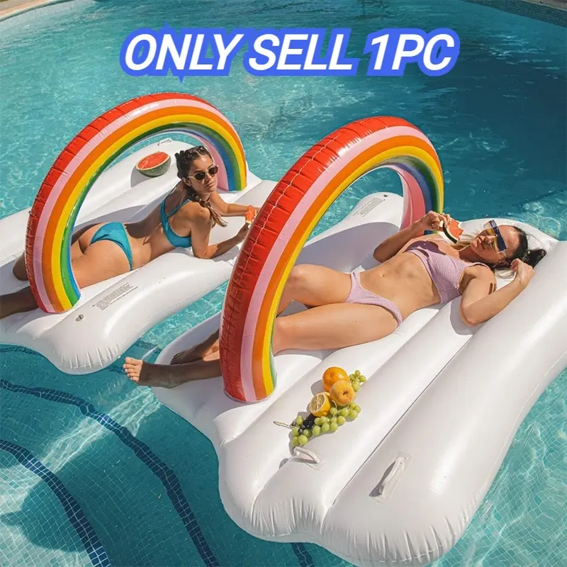 Giant Rainbow Cloud Inflatable Pool Float, 180x115x120cm/70x45x47in Oversized Adult Pool Lounger Raft with Mini Rainbow Drink Tray, Heavy Duty PVC Floating Bed for 1-2 People, Tanning, Beach, Lake, Swimming Pool & Summer Party Fun