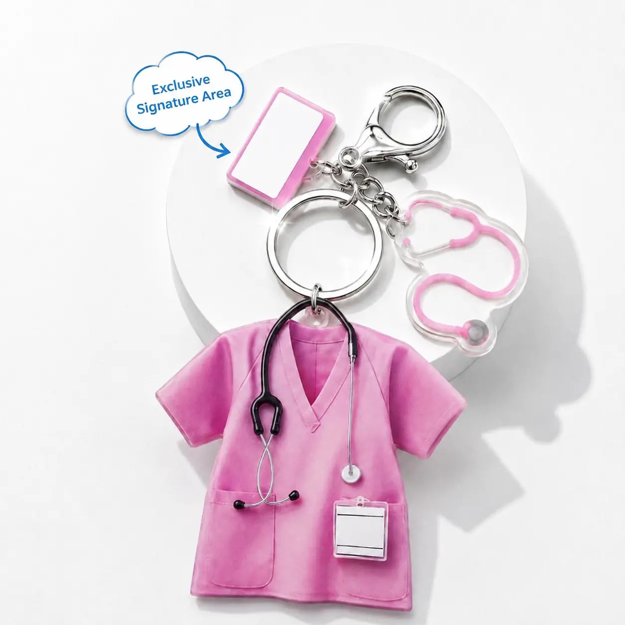 Fashion keychain,Large Acrylic Keychain Pendant with Cute 2D Pink Scrubs & Stethoscope Design, Badge Holder Gift for Nurses & Medical Students,aesthetic keychain