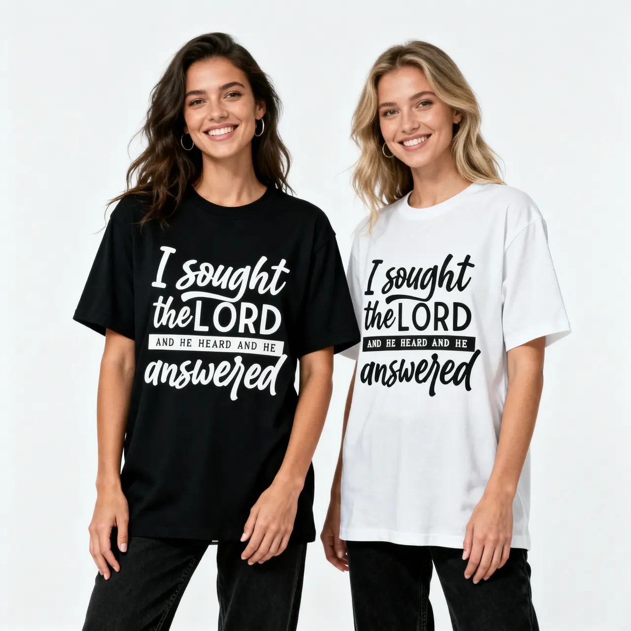 Comfortable Everyday Short-Sleeve Round Neck Faith Reminder Tee - 'I sought the LORD AND HE HEARD' Mixed Typography, White & Black, Personalized, All-Season Indoor Casual Home Leisure Top