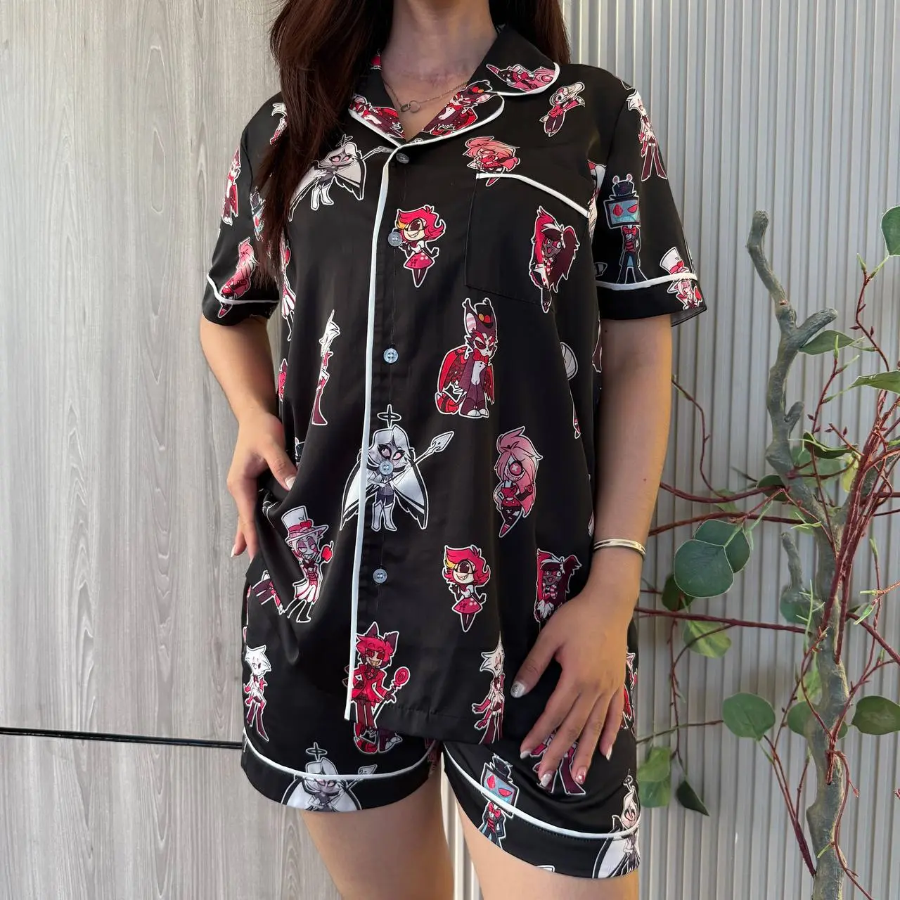 Hazbin Hotel Anime Satin Pajama Set, Vintage Anime Fan Sleepwear, Unique Characters Print Loungewear HB001