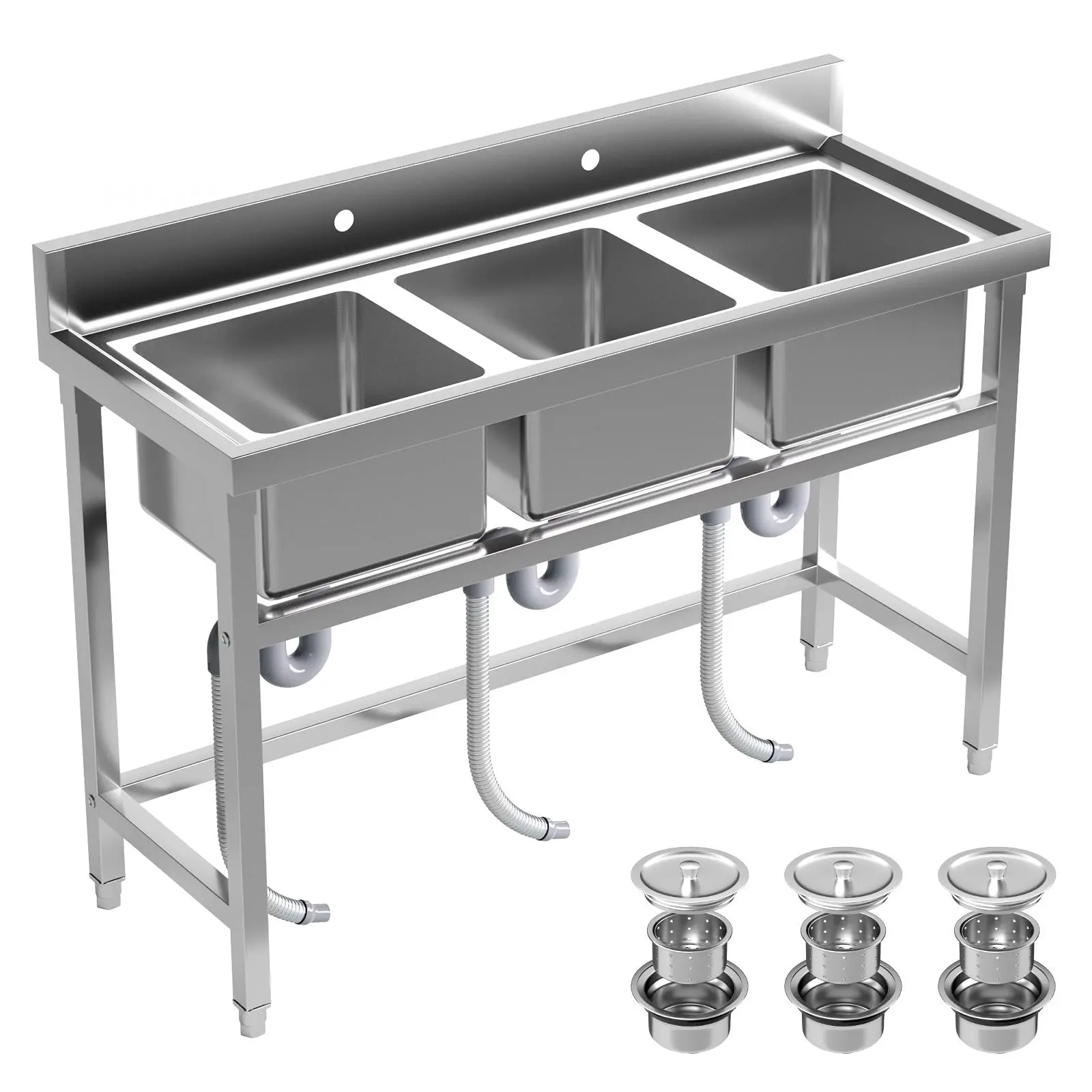 Commercial 3-Compartment NSF 304 Stainless Steel Utility Sink with Bullet Ft, Raised Baffles - 51" Wx19.7" Dx31.5" H, Commercial-Grade Tub for Kitchen Prep, Garage, 51"Wx19.7"D