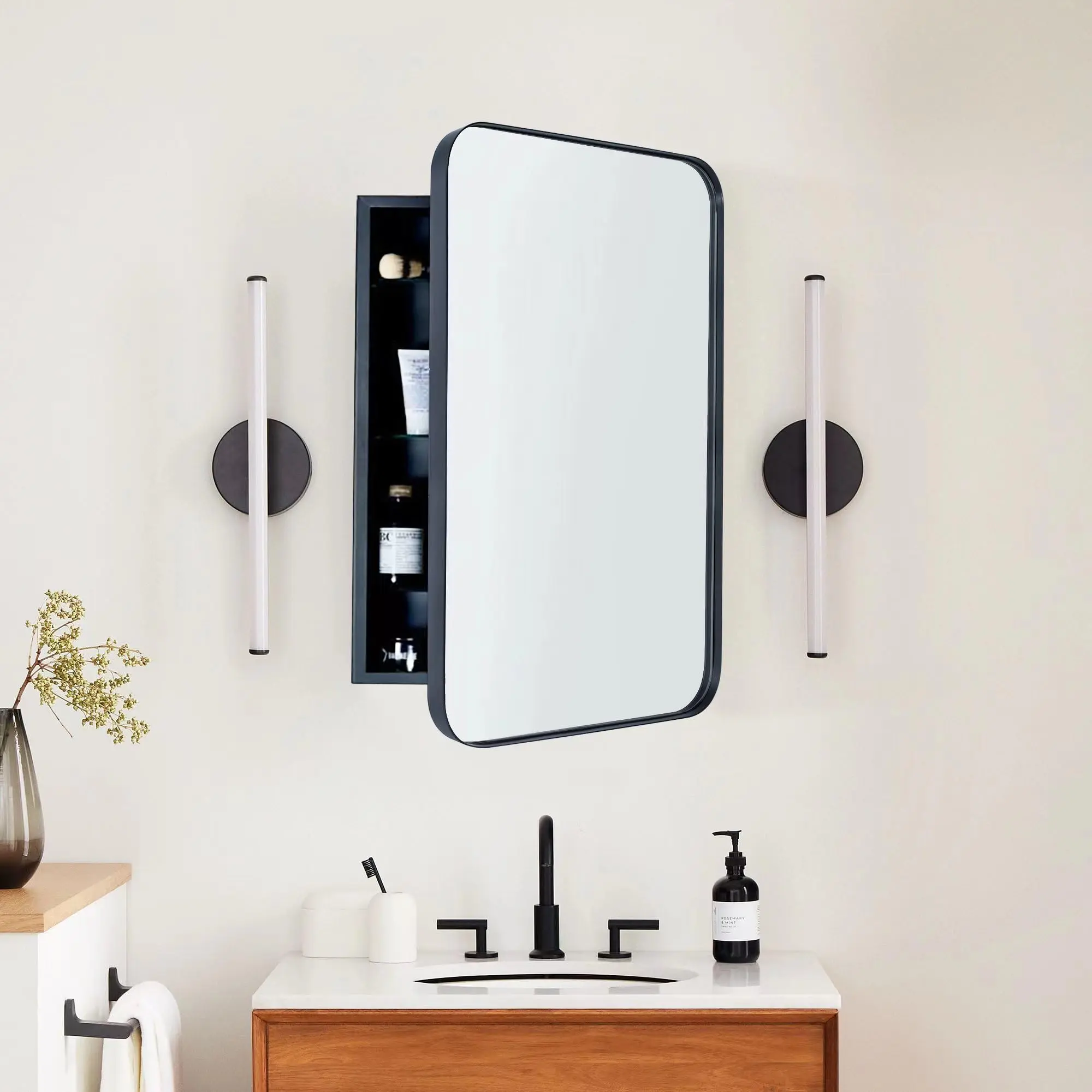 TEHOME Rectangle Metal Framed Recessed Medicine Cabinet with Mirror for Bathroom, Multiple Colors and Sizes, Storage Function with AdjustableTempered Glass Shelves, Left or Right Door