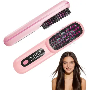 Go Brush Pro 2026, Portable Straightener Brushs for Travel, with LCD Temperature Display, Fast Heating Cordless Mini Hair Brushs (Pink)