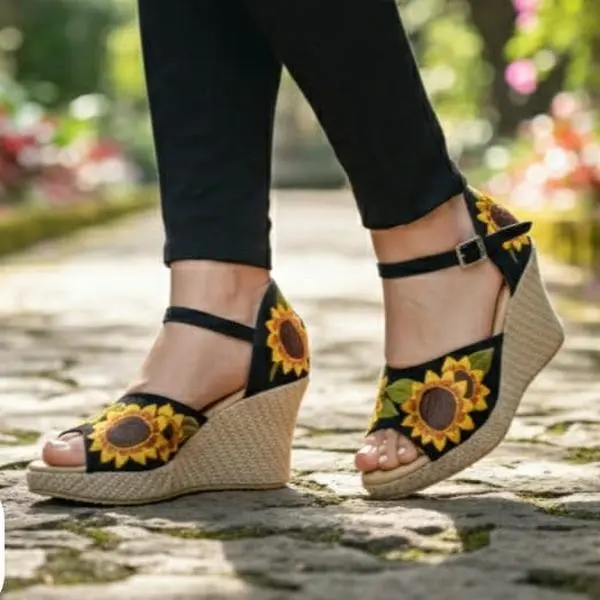 Plataforma girasol broche - Mexican  Flatform Women's Shoes with flower Pattern & open Toe Comfortable Casual - plataforma broche bordadas - hecho en Chiapas - hecho en México - plataforma rojo broche - embroidered Mexican