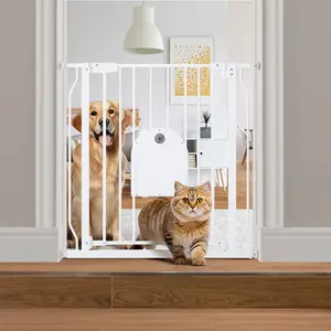 CAVEEN 29.5-33.4" Pet Gate with Adjustable Cat Door, Extra Wide Metal Cat Gate for Stairs Doorways, Auto Close Dog Gate with Pet Door for House, Pressure Mounted Easy Walk Through, Baby Gate (30" Tall, White)