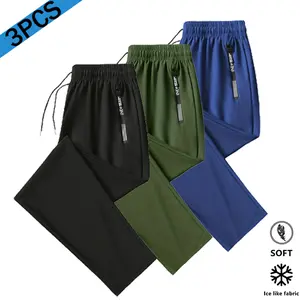 Men's 3-Pack Ice Silk Casual Trousers, Drawstring Elastic Waist, Quick Dry Loose Straight Menswear Pants, Activewear Sportswear for Everyday Summer Athletic Use,summervibes