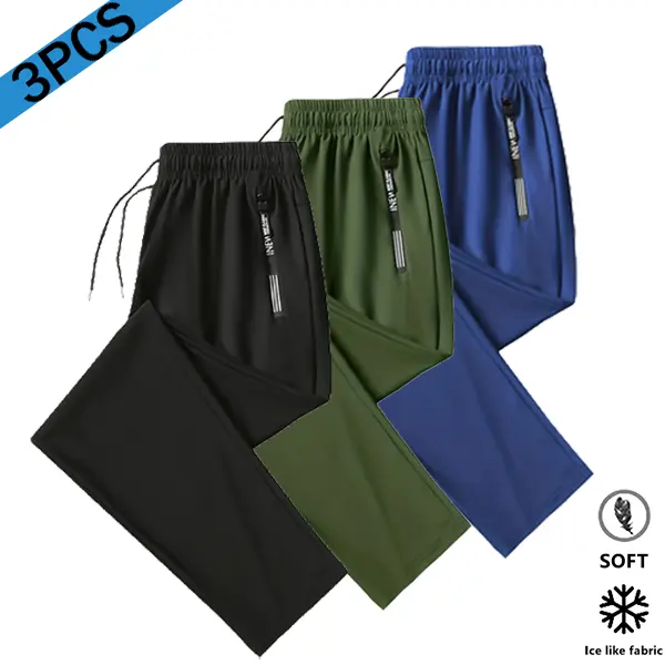 Men's 3-Pack Ice Silk Pants, Casual Loose Straight Trousers with Drawstring Waist, Zipper Pockets, Quick Dry & Breathable for Summer