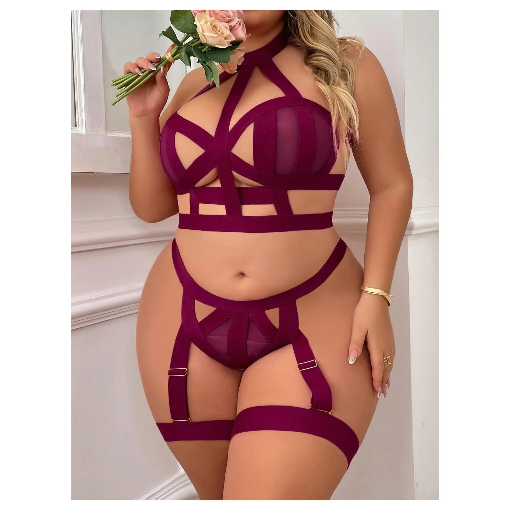 Women's Plus Size 4-Piece Polyester Lingerie Set - Plain Bra, Strappy Harness with Thick Elastic Bands, Crisscross Halter Crop Top, Backless Corset, Matching Thong, Garter Belt for Rave Party, Party Costume