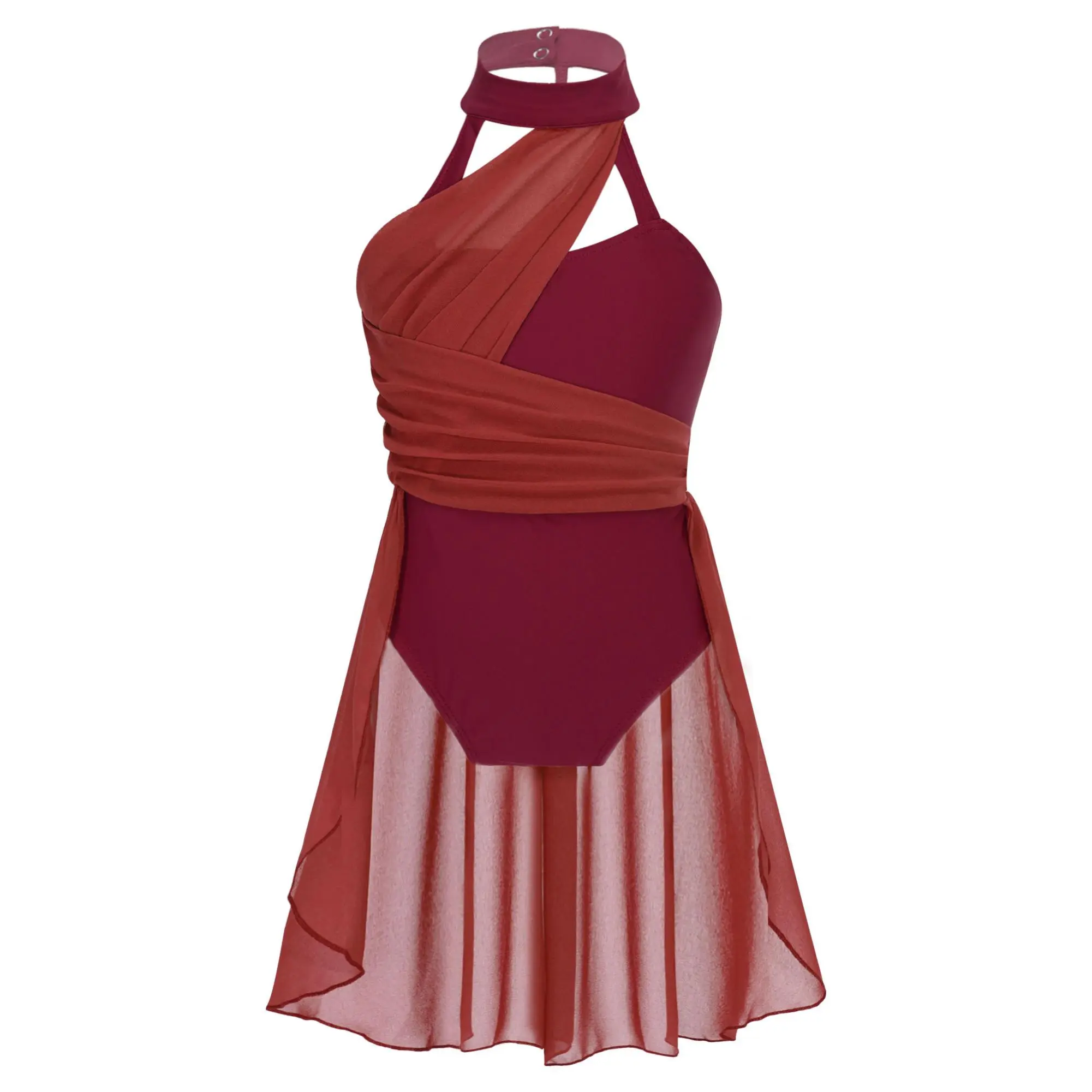 Sleeveless Halter Neck Chiffon Lyrical Dance Leotard Dress for Kids Girls