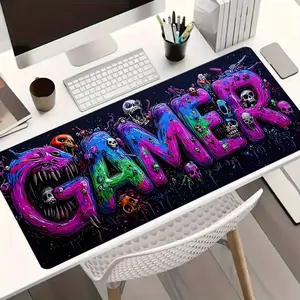 Dark Graffiti Style "GAMER" Text with Skulls Large Gaming Mouse Pad, Extended XXL Desk Mat with Stitched Edge & Non-Slip Rubber Base, Ideal for Gamers, Horror Fans and Streetwear Lovers, Perfect for Gaming Rooms, Home Offices & Bedroom Desks