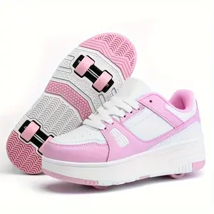 Detachable 4-Wheel Roller Skates for Kids, Lightweight Breathable PU & TPR Roller Skate Shoes, Lace-Up Design, All-Season Outdoor Sports Sneakers for Boys Girls