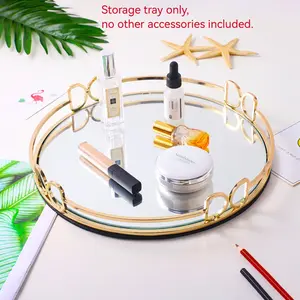 Vintage Style Polished Metal Glass Mirror Tray, Elegant Round Storage for Makeup Jewelry Home Decor, Bedroom Bathroom Desktop Organizer, Bathroom Accessory, Bathroom Decoration Accessories