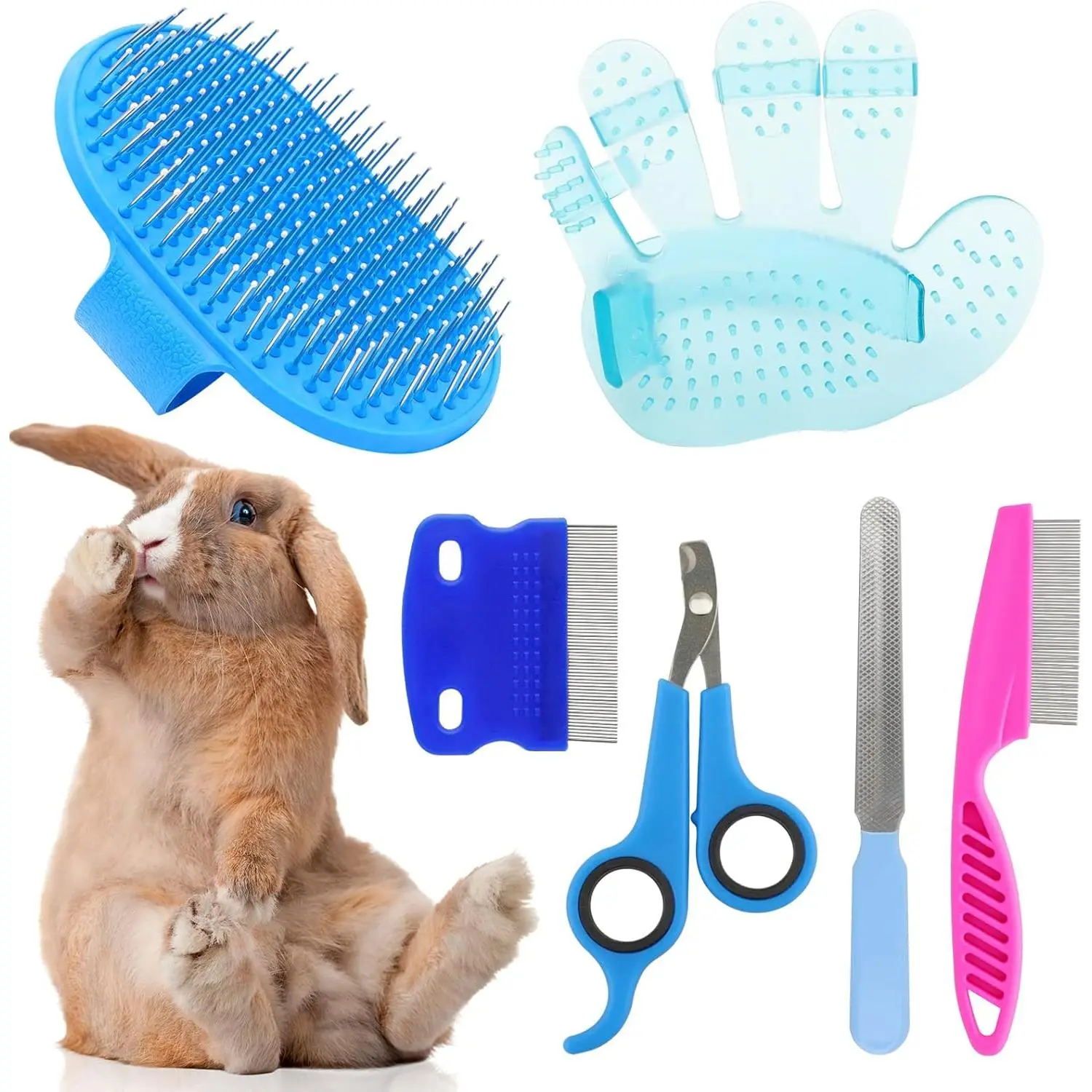 Rabbit Grooming Kit, Rabbit Brush for Shedding with Bunny  Clipper, Rabbit  Trimmers with Pet Combs for Hamster Guinea Pig Ferret by (6 Pack)