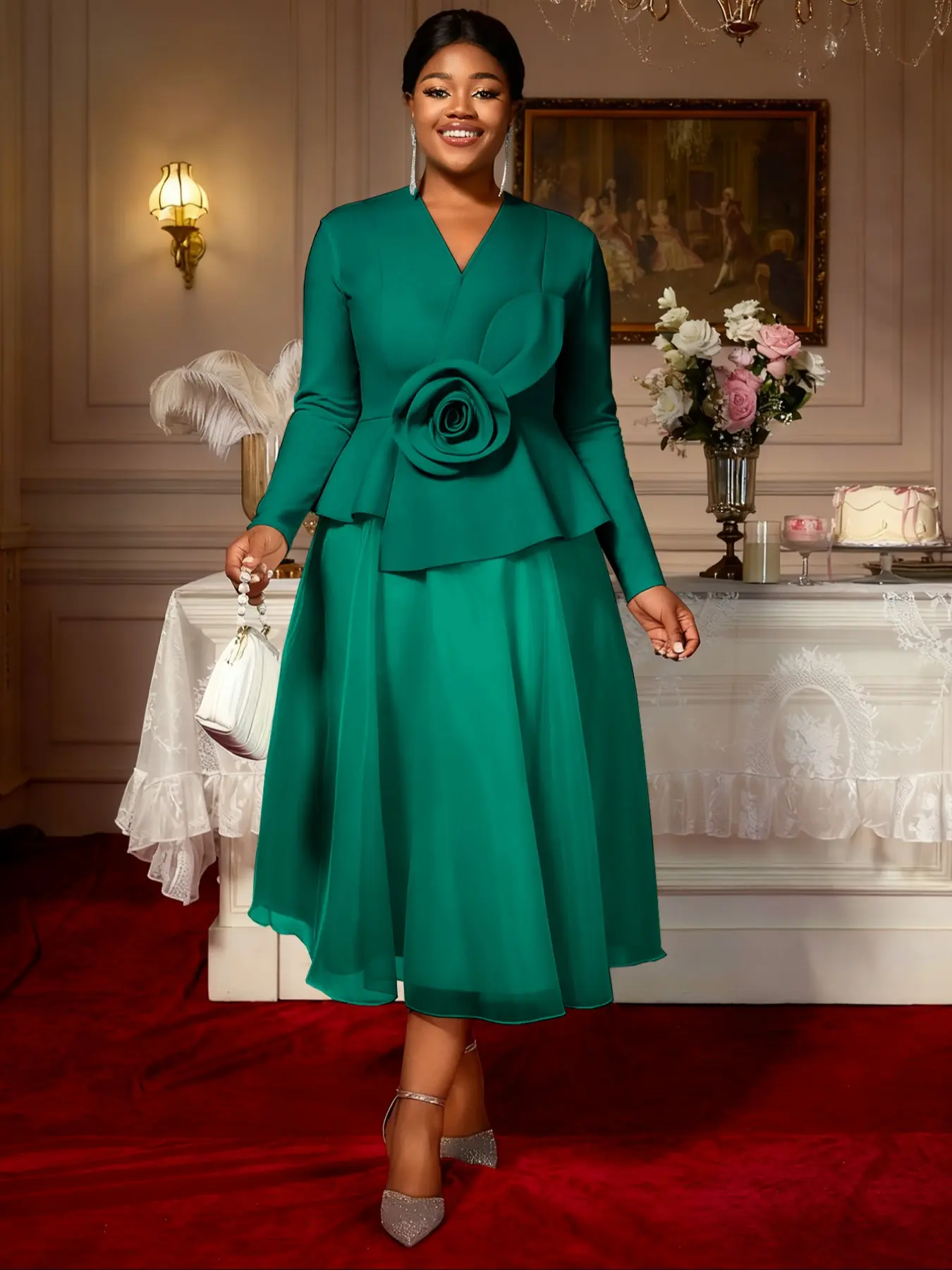 Women Petal Tulle Midi Peplum Dress Long Sleeves Wrap V-Neck Flowy Dresses Party Wedding Guest Business Formal Elegant