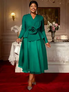 Women Petal Tulle Midi Peplum Dress Long Sleeves Wrap V-Neck Flowy Dresses Party Wedding Guest Business Formal Elegant