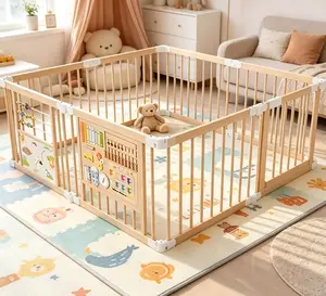 Foldable Wooden Playpen Natural Wood Baby Playpen Adjustable Size & Shape Portable Play Yard Baby Fence Play Area Includes 2 Game Boards, 10+ Toy Set, Suitable For Indoor Use (63X63X24inchs)