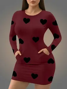 Women's Heart Pattern Long Sleeve Dress, Casual Round Neck Short Summer Dress, Tight-Fitting Thin Fabric, All Seasons Fashion, Casual Chic Outfit