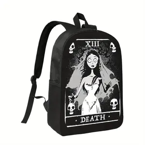Tim -Inspired Corpse Bride Gothic Backpack - Black & White Bride Design with Skulls, Lightweight High Quality Polyester Laptop Bag for Women/Men, School, Office, Travel - Adjustable Shoulder Straps & Zipper Closure