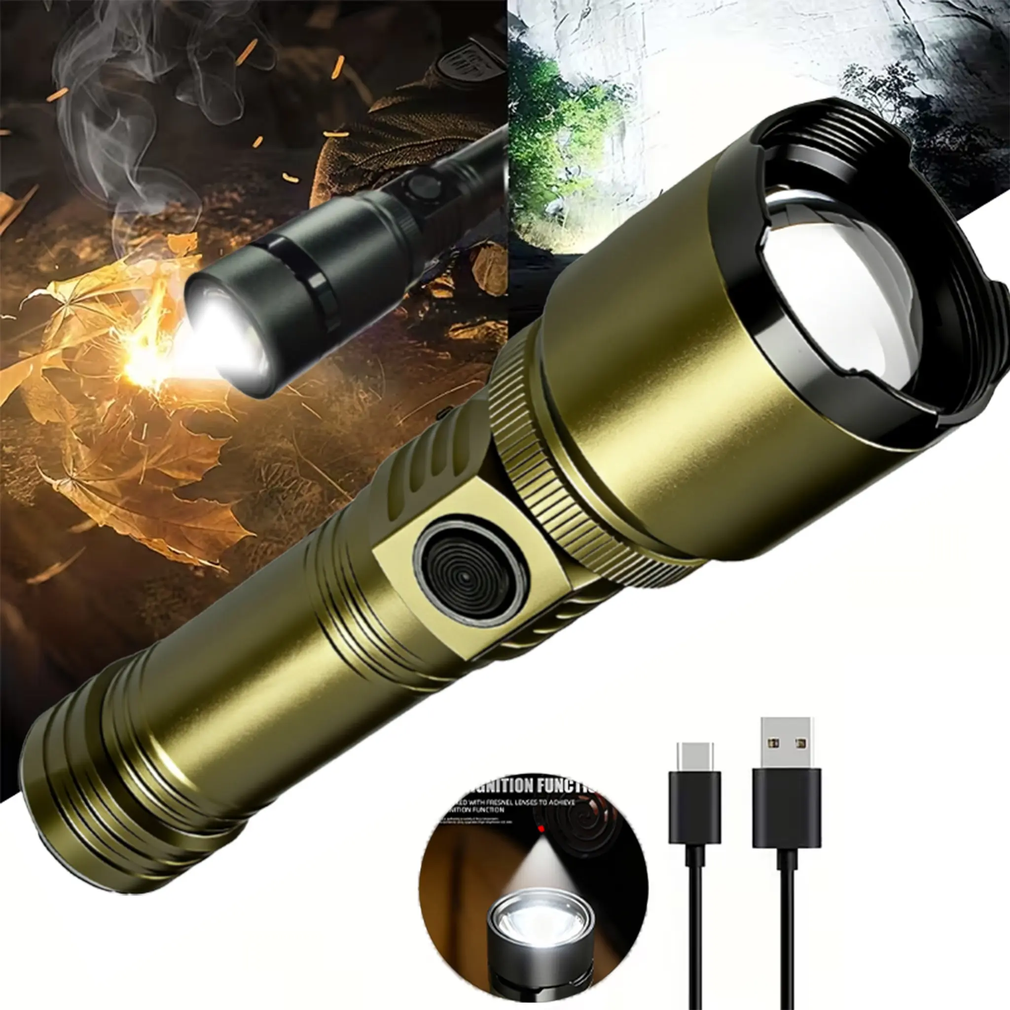 High Brightness Survival Flashlight, Zoomable 5 Light Modes, Fire Ignition Lens, Aluminum Housing, Outdoor Emergency Use with Hand Strap for Free