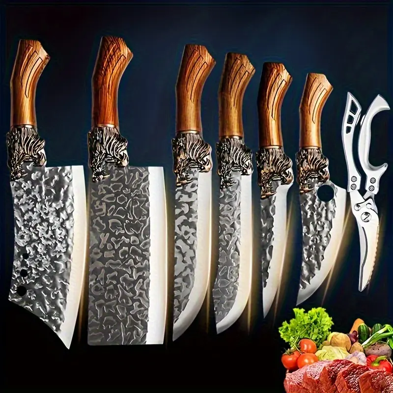 Hand-forged knives stainless steel kitchen knife set, chef's knife, bone chopper, butcher's knife, kitchen scissors, a set of professional kitchen knife sets that can prepare a variety of ingredients, is the best gift for food lovers, ladies/men's gifts.