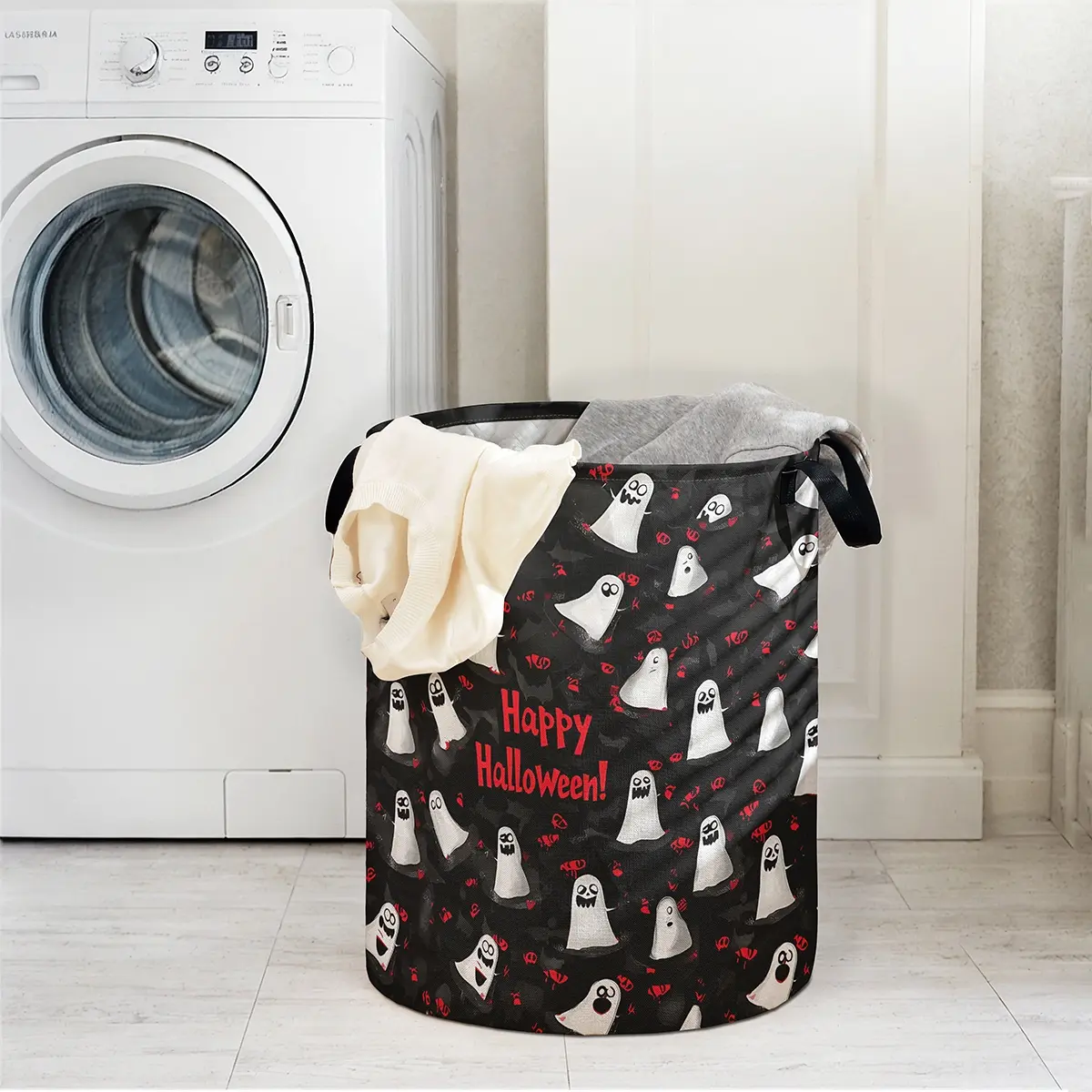 Halloween Ghost Print Laundry Basket with Handle, Durable Foldable Clothes Storage Bin, Large Capacity Toy Organizer, Reusable Home Use