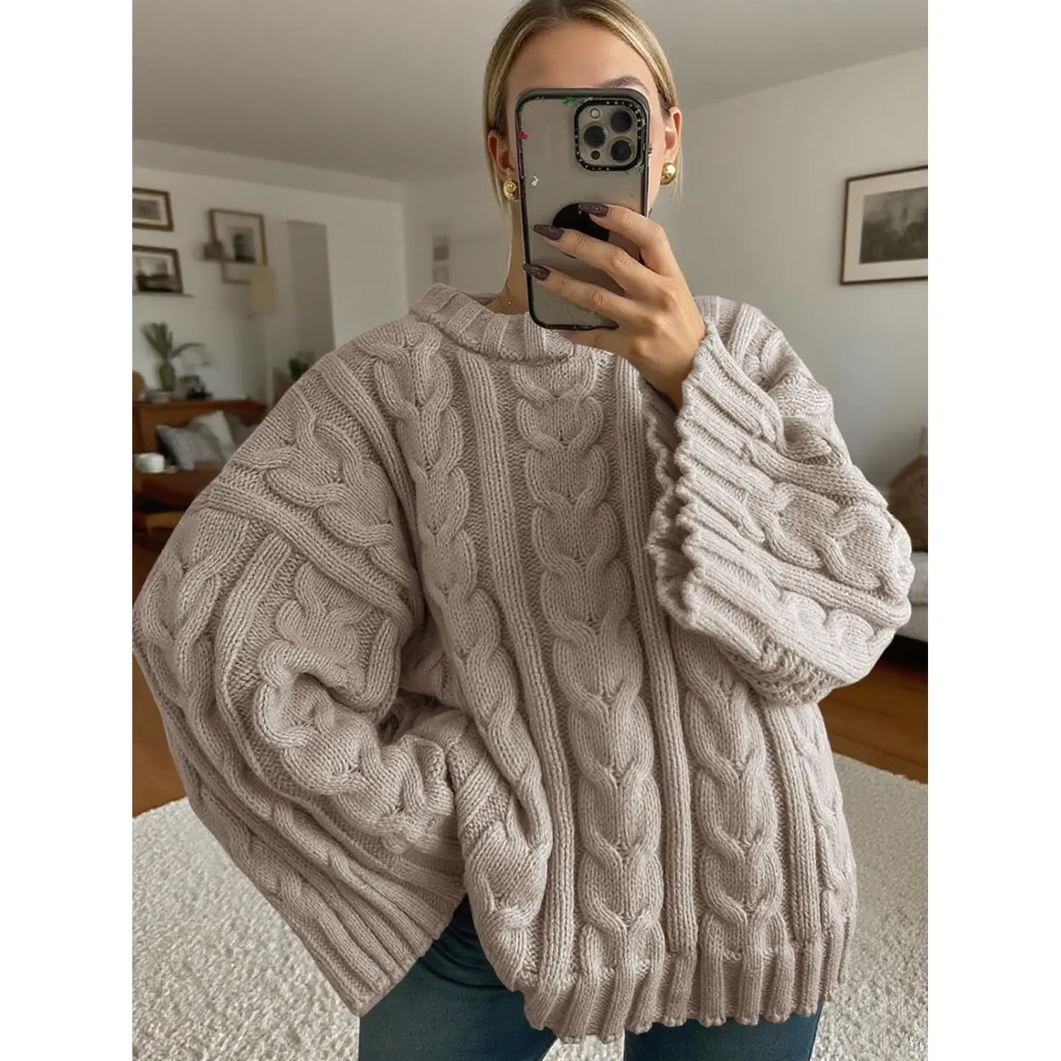 Women's Cute Chunky Solid Oversized Twist Cable-Knitted Pullover Jumper - Round Neck, Bell Batwing Long Sleeves, Loose Knitwear Top for Fall, Winter Dressy Casual Outfits, Chic, Party, Work, Crew Neck, Cable-Knited, Relaxed Cut, Baggy, Relaxed Fit, Lady,