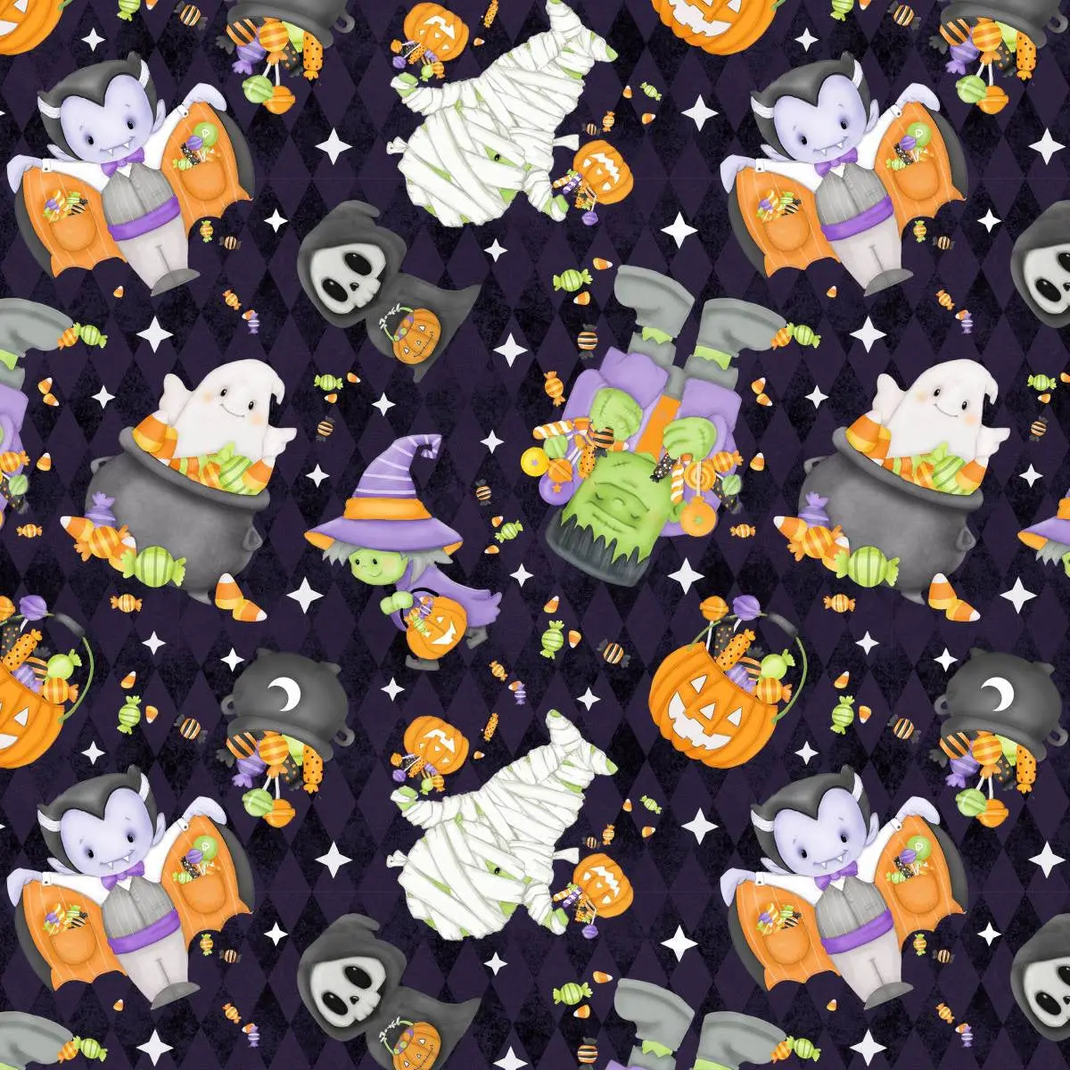 Fabric Henry Glass Dark Purple Tossed Motifs Glow in the Dark Moonlight Mischief by the Quarter Yard 2552G-55