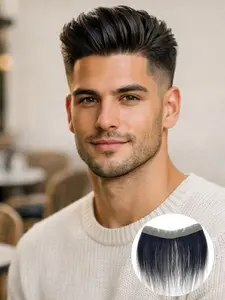 Men'S Toupee Hairpiece for Hairline Restoration - Human Hair Handmade Topper with Pre Plucked Hair, Black Straight Hair, Basic Style, Full Hand Crochet  Area - Versatile Hair Solution for All Men