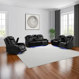 Black Breathing Leather 3-Piece Living Room Recliner Sofa set