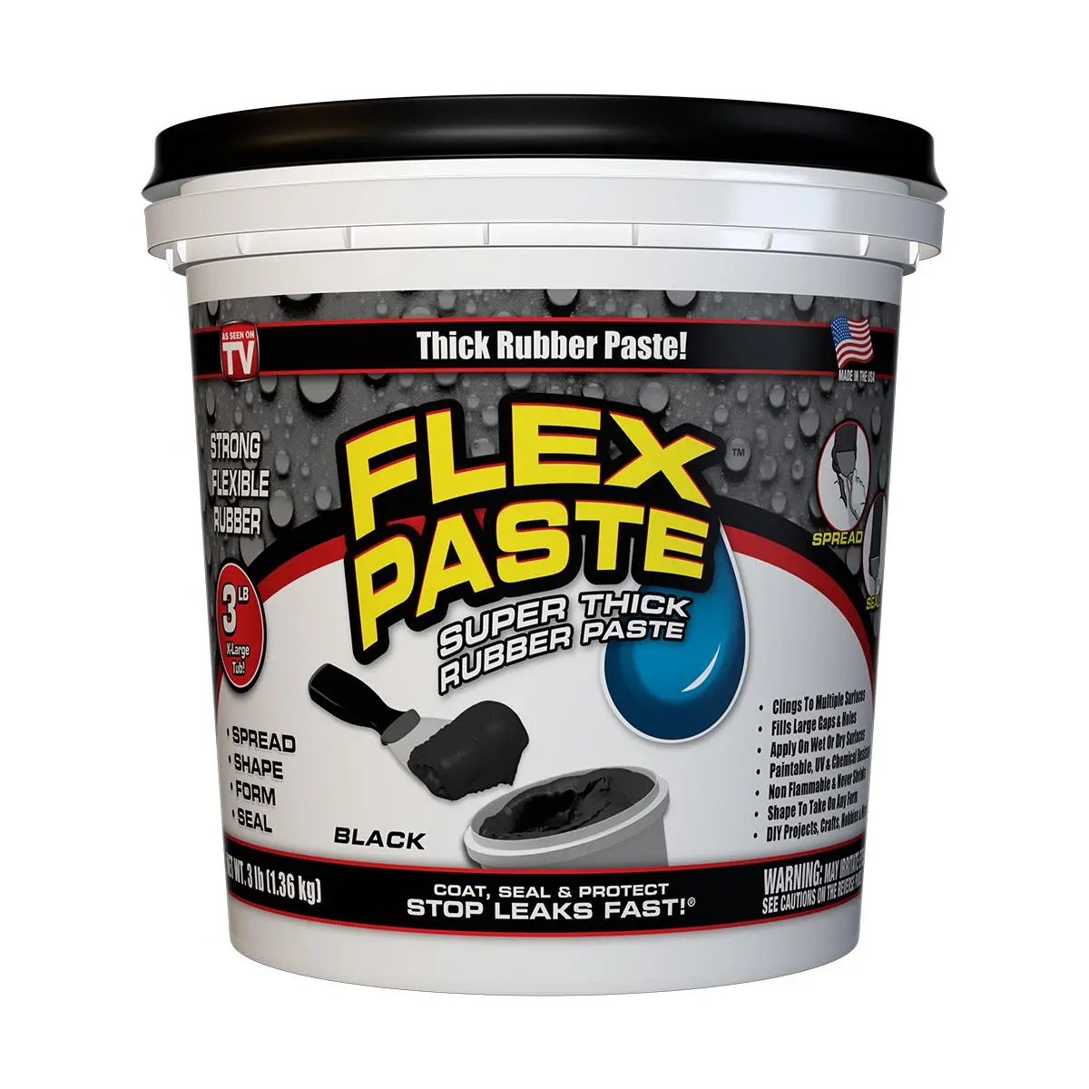 212 MAIN Black Flex Seal Fast Leak Repair Sealant Paste - Flexible, Long Lasting Rubber Epoxy Waterproof Construction Adhesive, 3 lb Tub, Paintable Cracked Concrete Filler for DIY Projects, Indoor/Outdoor Home Improvement, Long Lasting Adhesive
