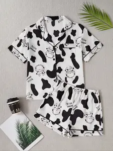 Women's Satin Sleepwear Set, Short Sleeve Shorts Pajamas, Cow Print Casual Loungewear, Summer Home Comfort Fashion