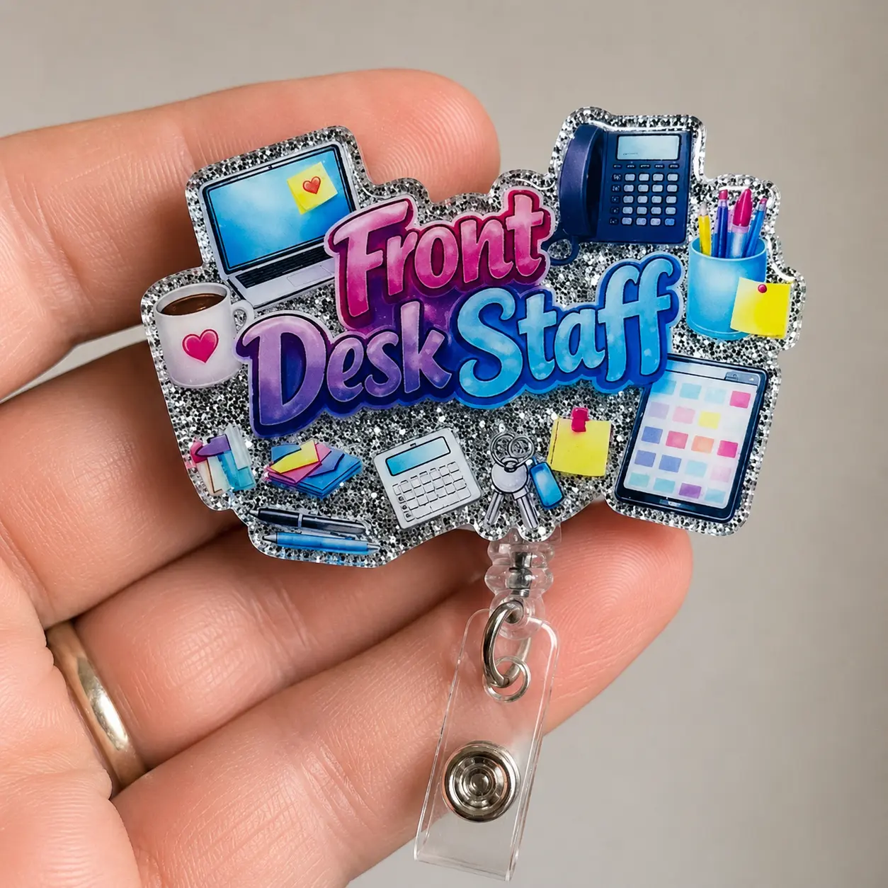Badge Reel for Front Desk Staff and Receptionists, Glitter Acrylic ID Holder, Retractable Clip, Hotel Guest Services Accessory