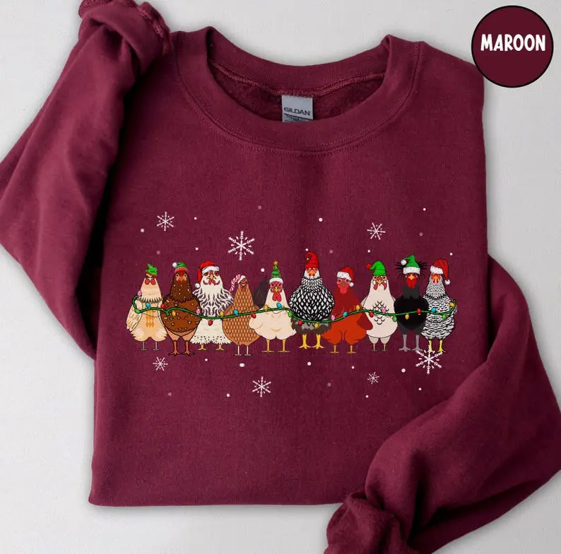 Cute Christmas Chickens Sweatshirt, Farm Animal Christmas Sweater, Funny Santa Hat Chicken Shirt, Holiday Farm Crewneck, Country Girl Xmas Gift, Womenswear