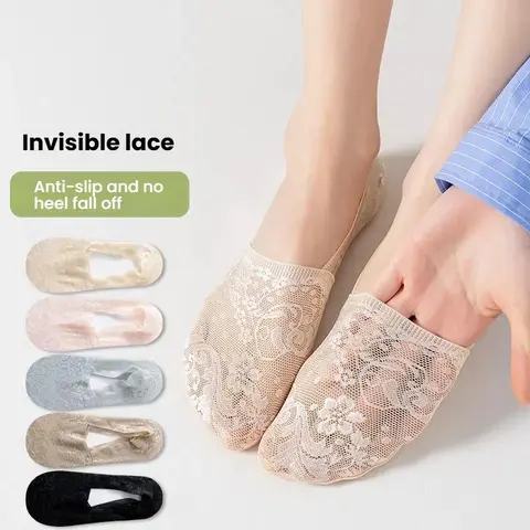 Women's Cheeky Low-Cut Floral Lace Socks (5/10 Pairs) - Underwear for Women, Bold Patterned, Assorted Colored, Floral Lace Trim, Ice Silk Seamless, Casual Cotton Lightweight Summer Socks with Anti-Slip Heel, Breathable Mesh, Bold Patterned Low Cut Socks