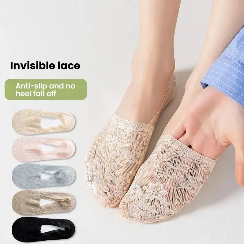 Women's Cheeky Low-Cut Floral Lace Socks (5/10 Pairs) - Underwear for Women, Bold Patterned, Assorted Colored, Floral Lace Trim, Ice Silk Seamless, Casual Cotton Lightweight Summer Socks with Anti-Slip Heel, Breathable Mesh, Bold Patterned Low Cut Socks
