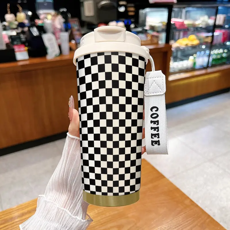 18oz Lid Checkerboard Straw Insulated Stainless Steel Mug Tumbler Drinkware, Inspirational Coffee Thermal Cup for Men & Women, Ideal for Hot & Cold Drinks, Great Christian Gift