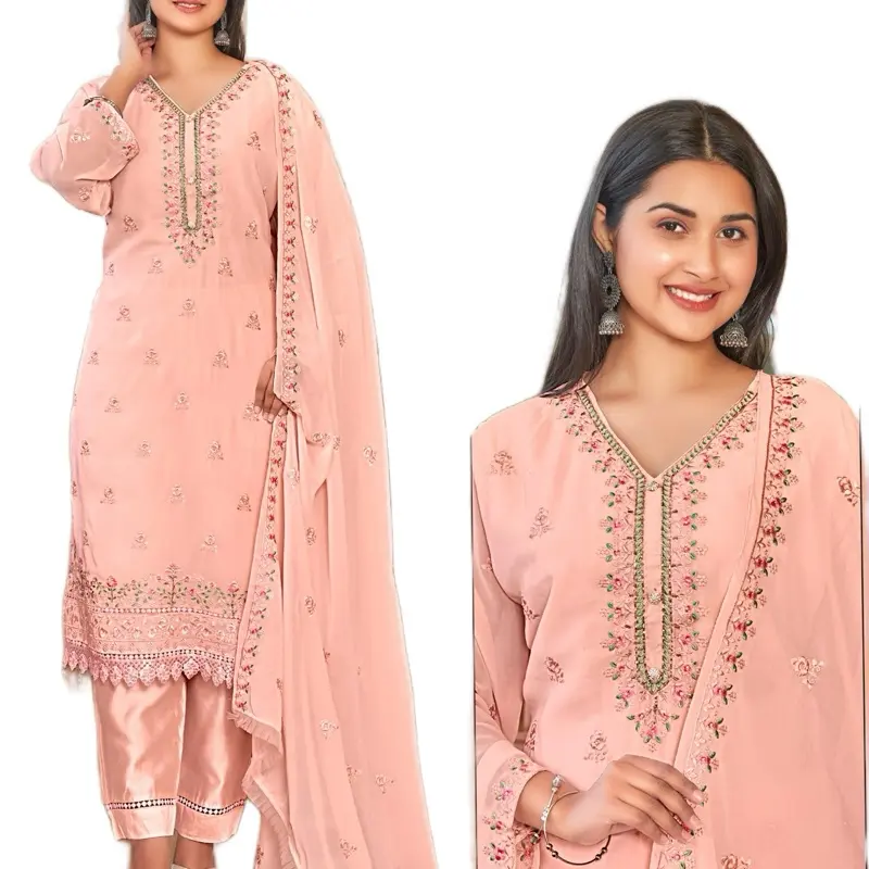 Three Pieces Pakistani Kurtha Sets with Embroidered Details and Matching Dupatta for Women Womenswear