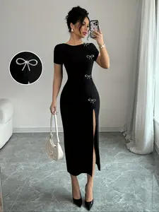Women's Elegant Chic Feminine Formal Bodycon Fit Dress, Bowknot Detail, Slit, Boat Neck Short Sleeve, High Stretch Fabric, All Seasons Wearable, Womenswear