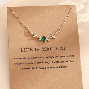 Life Is Magical Emerald Green Crystal Leaf Branch Necklace Gold Tone CZ Accent Pendant Dainty Nature Inspired Jewelry for Women Perfect Magical Gift
