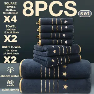 8-Piece Gold Thread Embroidered Bath Towel Set, Modern Simple Bathroom Accessories, Quick-Dry Absorbent Microfiber, Suitable for Home Camping Hotel School Community Factory, Multiple Sizes