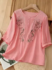 Women's Embroidered Half Button Stand Collar Lantern Sleeve Shirt, Loose Fit Casual Blouse, Plus Size Fashion Top, Casual Classy Top