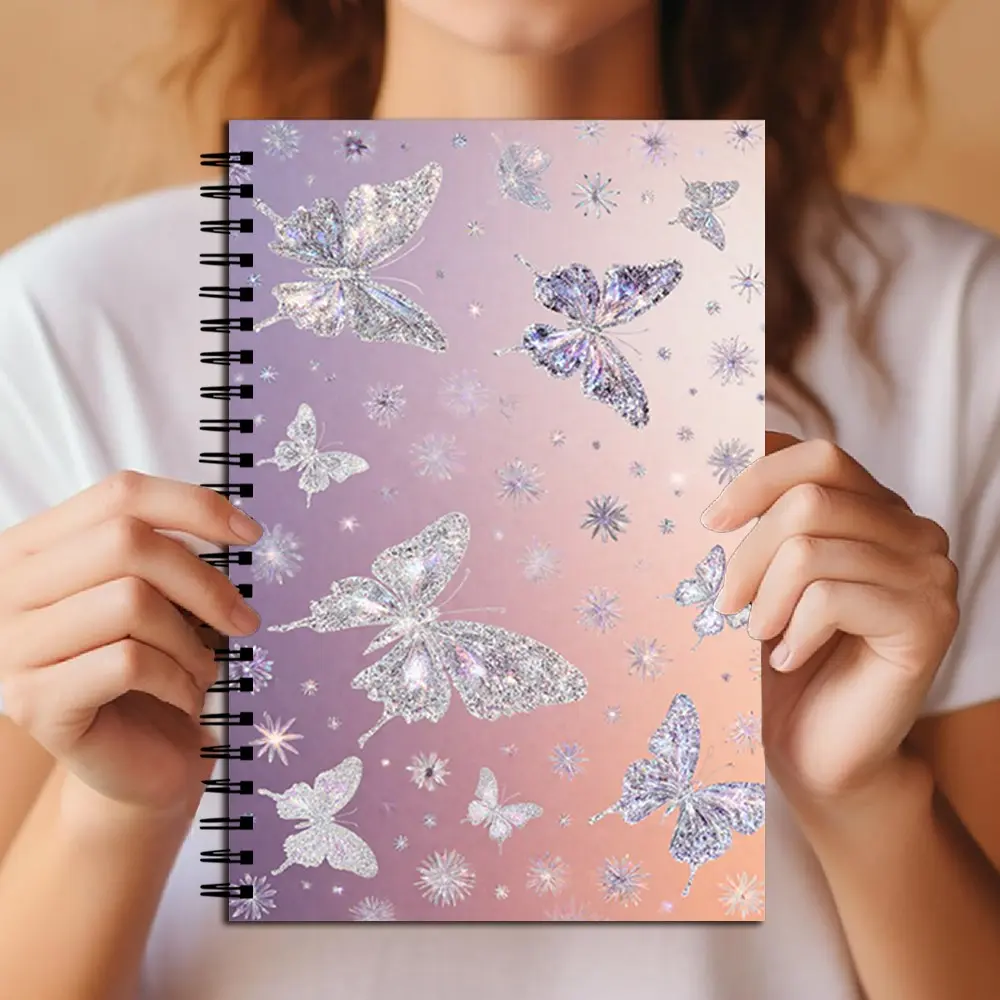 Glitter Butterfly Spiral Notebook, Sparkly Aesthetic Journal, Creative Office Notepad, Pastel Gradient Background, Lined Paper, Gift for Women and Girls