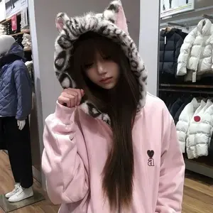 Autumn Winter Korean Sweet Style Hooded Hoodie Women Y2k Harajuku Leopard Print Sweatshirt Fleece Loose Fashion Warm Coat New