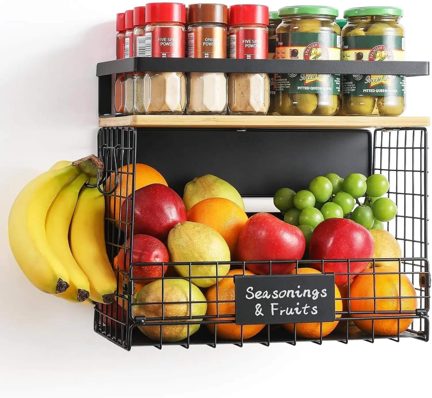 Magnetic Shelf Basket for Refrigerator Strong Magnetic Spice Rack with Bamboo Top, Large Fridge Side Storage Organizer for Pantry, Food, Fruit, Vegetables, Seasonings & Kitchen Essentials, Black, 1 Set