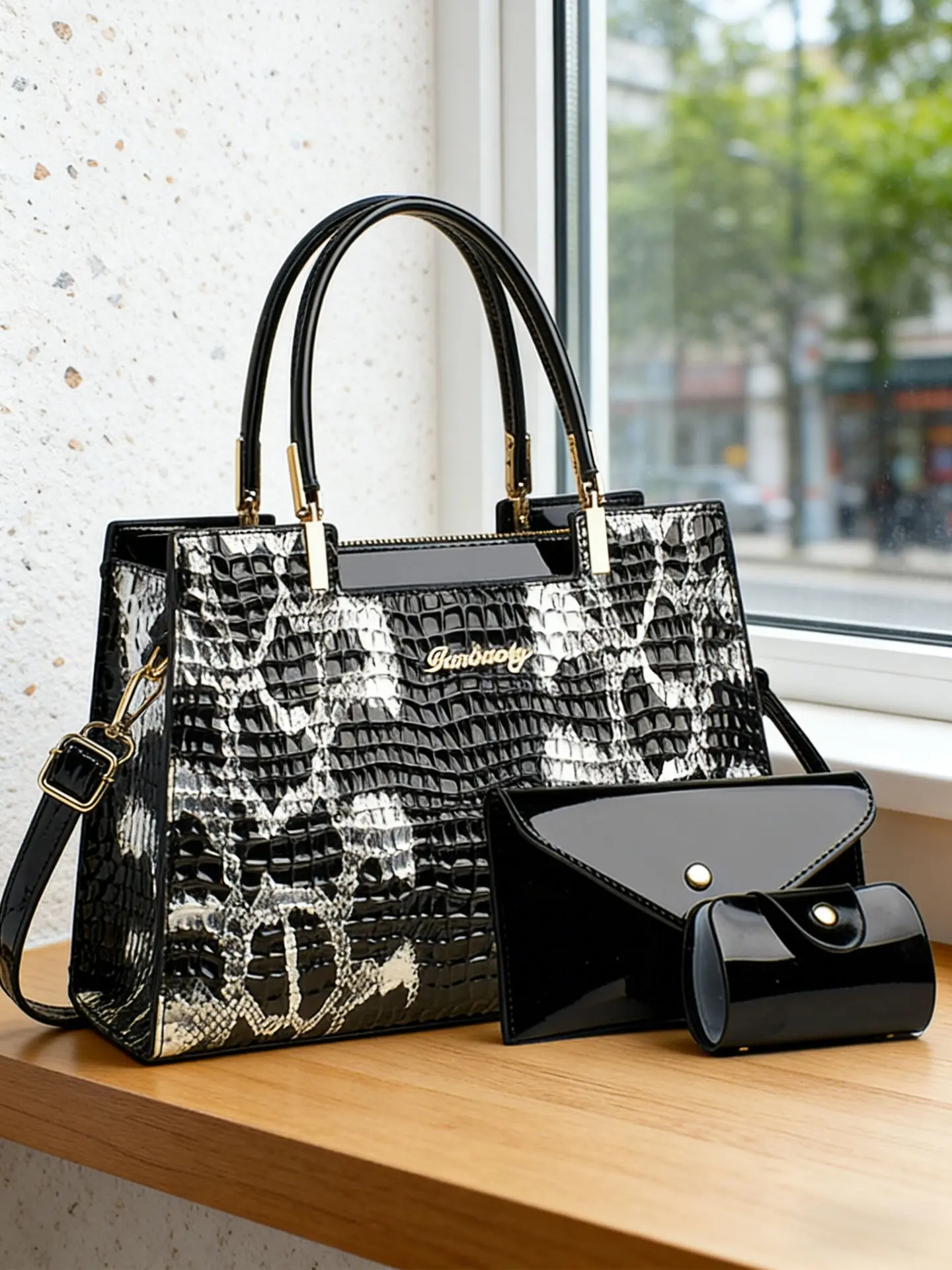 Women's Crocodile Texture Handbag Set, 3-Piece Color-Block Large Capacity Tote Bag, Fashionable Shoulder Crossbody Bag, Birthday & Mother's Day Gift