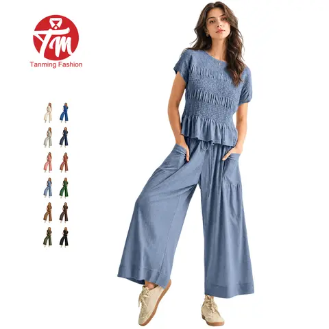 Tanming Women's 2-Piece Soft Smocked Short-Sleeve Basic Minimalist Top & High-Waisted Wide-Leg Pants Set, Boho Day Lounge Outfit with Pockets, Shortsleeve, Breathable, Fabric, Casual